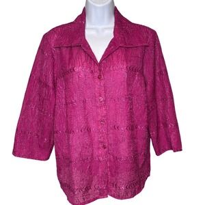 Vintage Joanna Pink Textured Embroidered Button Up Blouse Size PL Secretary